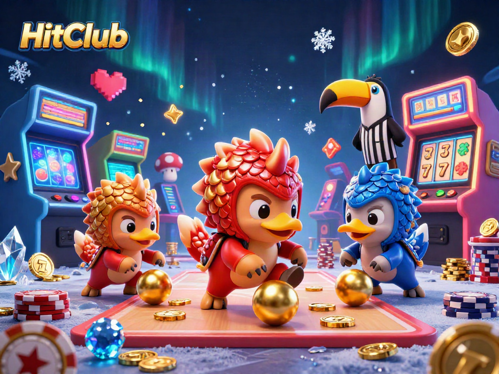 HitClub casino-themed scene with pangolins rolling poker chips, creating dynamic gaming excitement.