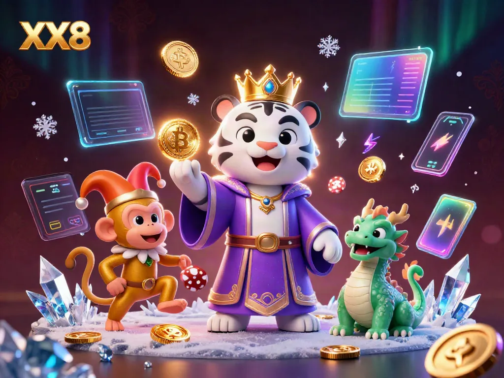 Engage with the vibrant XX8 casino scene featuring dynamic characters and crypto elements.