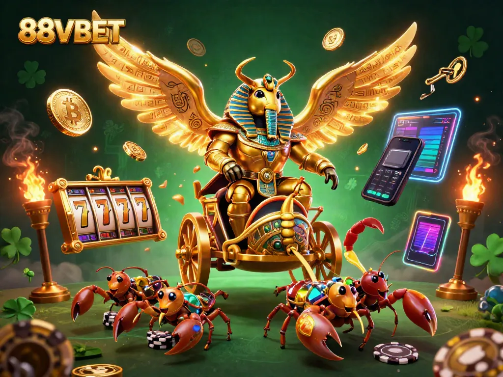 Experience the thrill of 88VBET with a vibrant 3D illustration showcasing a colossal golden scarab and gaming elements.