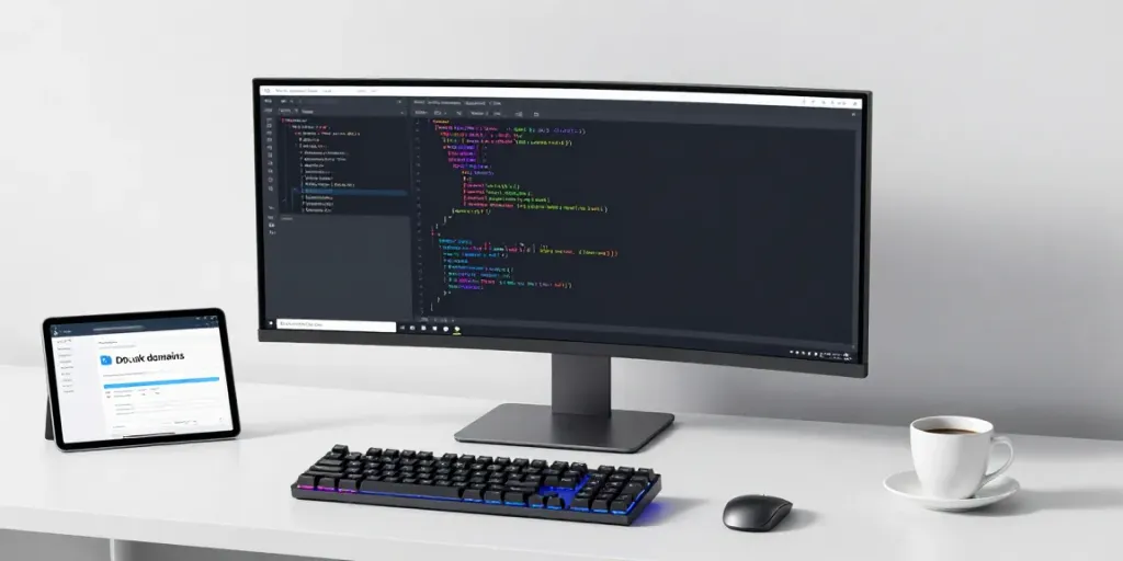 .co.uk domain registration displayed in a developer workspace, highlighting code and digital setup.