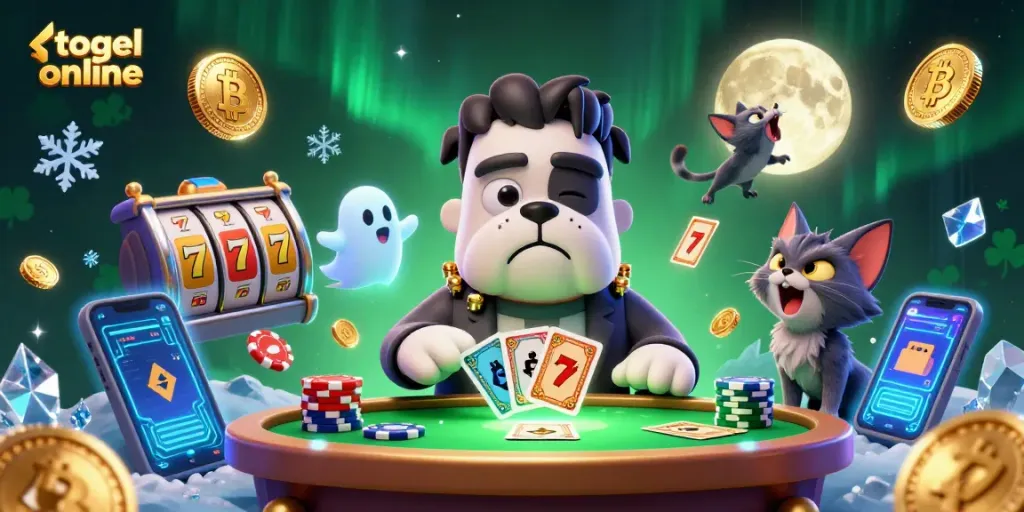 Engage with the thrilling world of togel online amidst a vibrant casino scene filled with slot machines and cartoon characters.
