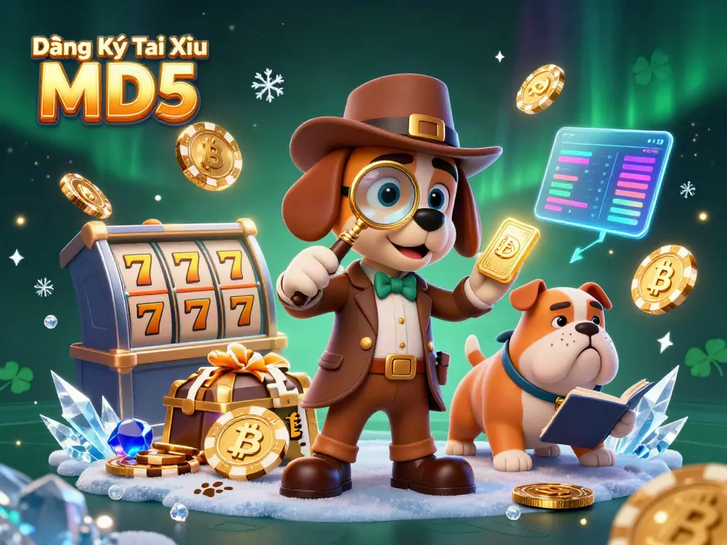 Engage in Đăng Ký Tài Xỉu MD5 with a 3D detective uncovering poker chip clues amidst vibrant slot game elements.