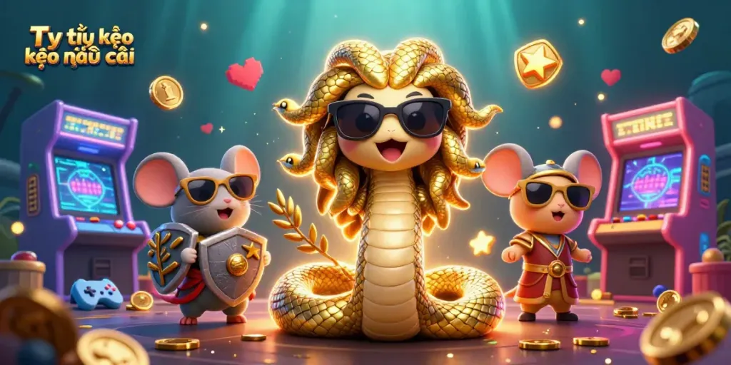 Betting with Tỷ lệ kèo nhà cái showcases dynamic casino elements, playful characters, and vibrant atmosphere.