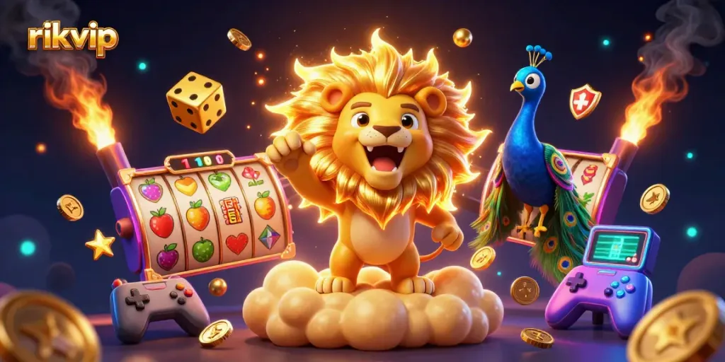 Engage with exciting games at rikvip featuring vibrant slot reels, a roaring sun lion, and dynamic gaming elements.