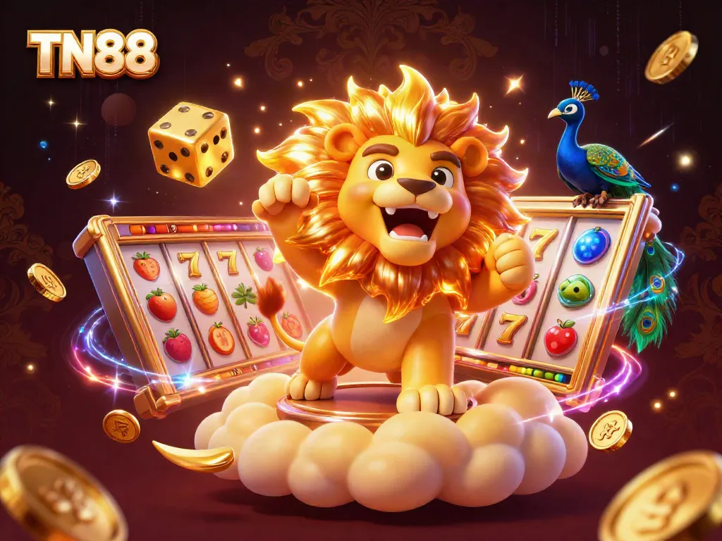 Experience the thrilling TN88 casino scene with vibrant slot imagery and a triumphant sun lion.
