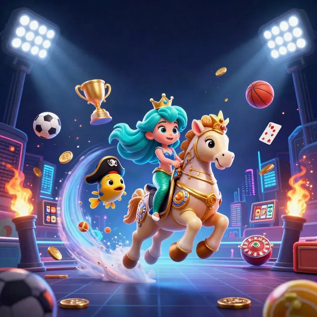 Mermaid princess on a golden seahorse amid casino loot, sports balls, coins, and blue neon beams.