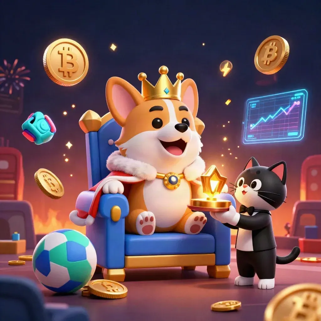 Royal corgi and cat butler amid glowing crypto casino effects and treasure