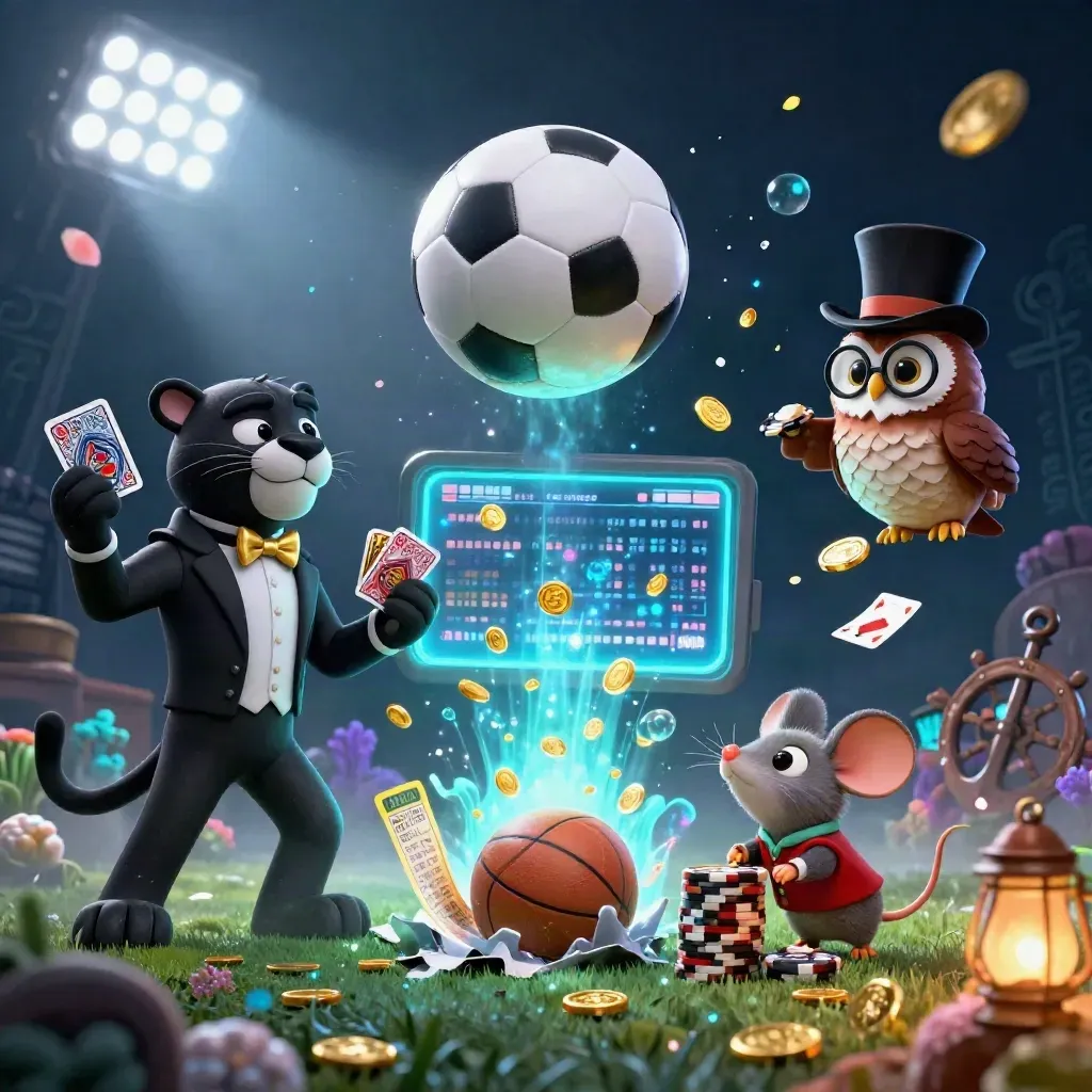 Cartoon panther, owl and mouse with cards, chips and a blazing soccer ball in neon blue.