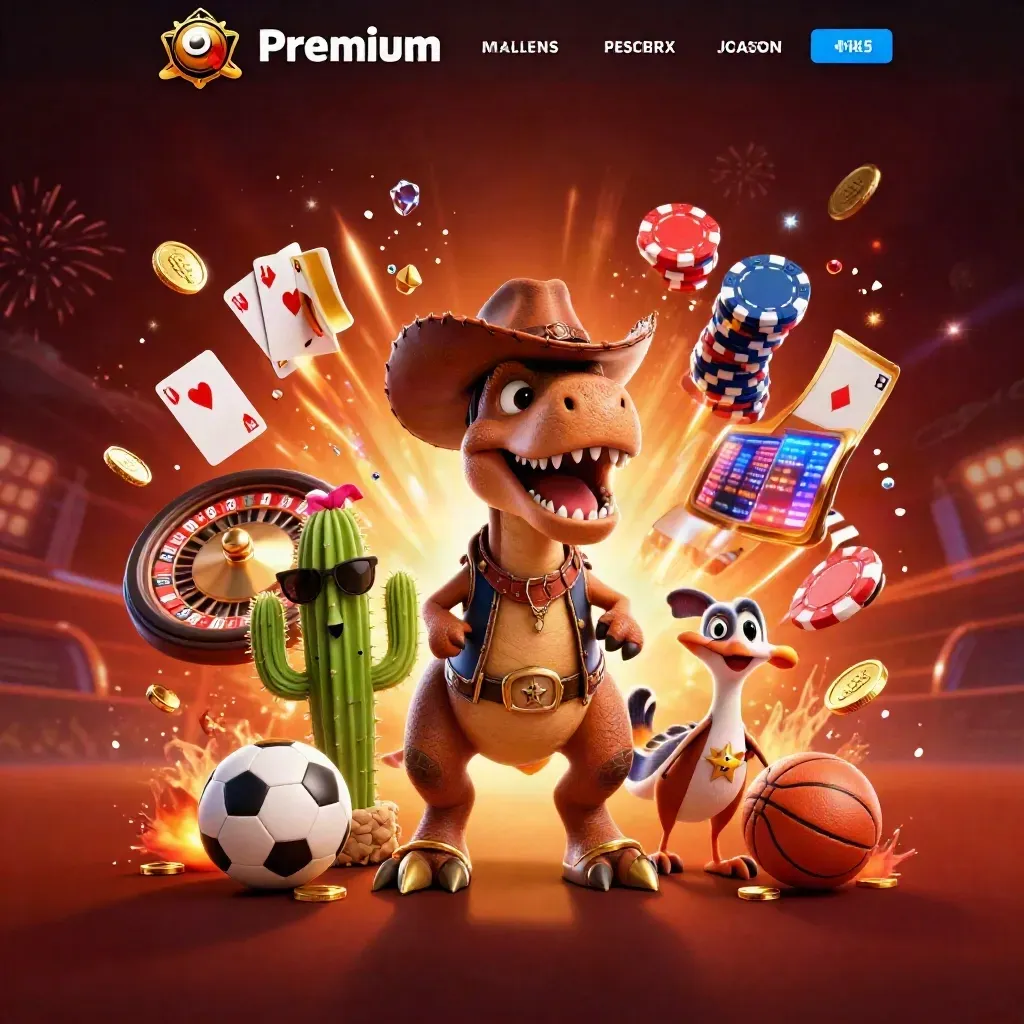Cowboy T-Rex trio amid flying coins, cards, chips and sports balls in a neon blast.