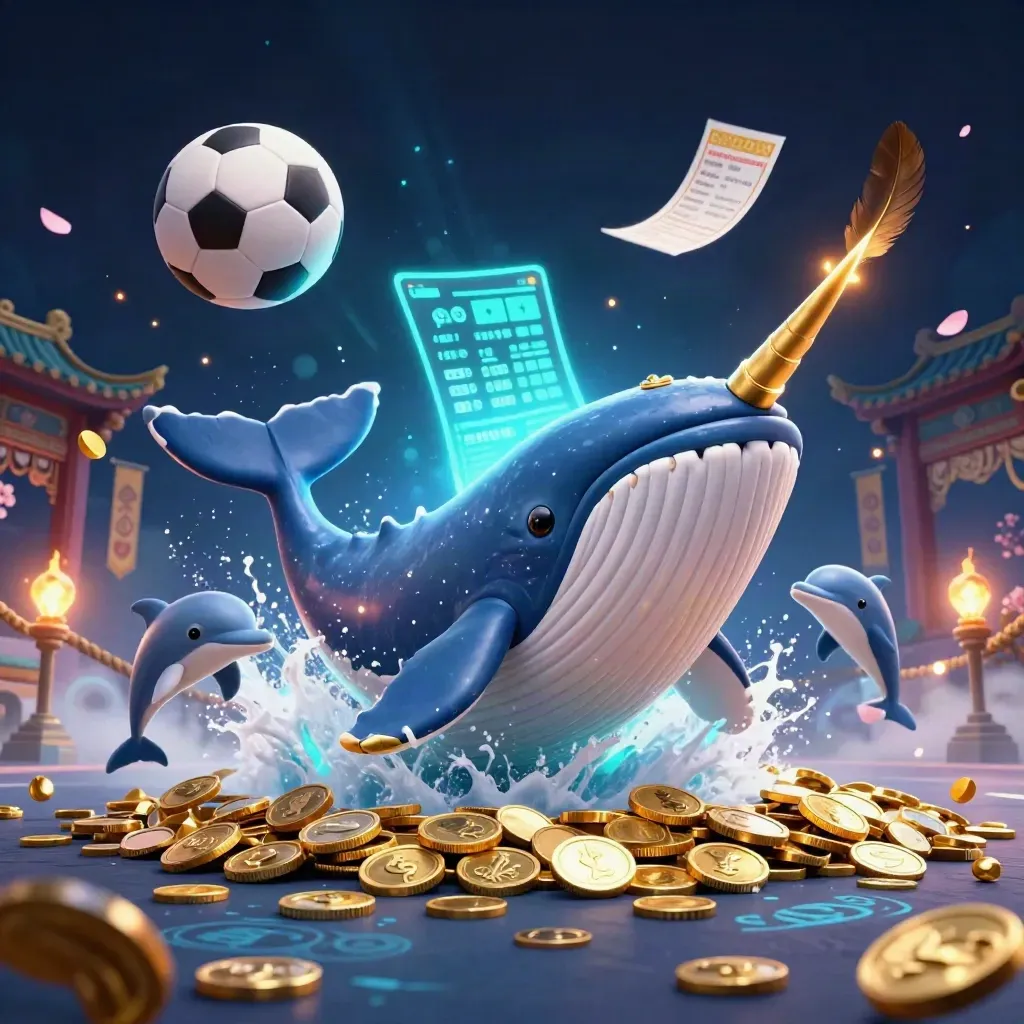 Whale captain, narwhal and dolphins amid flying coins, balls, and glowing casino light.