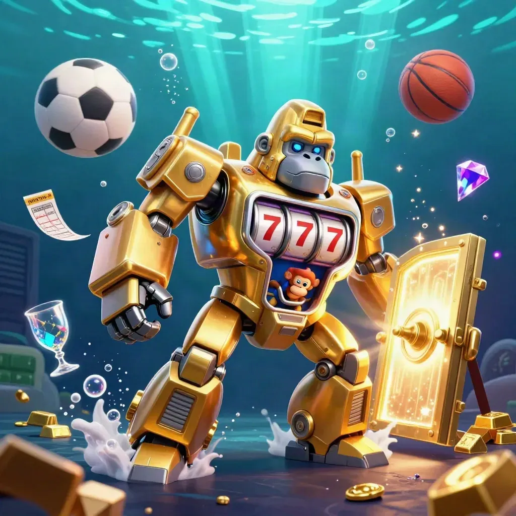 Golden gorilla slot-mech, vault burst, floating sports balls, teal underwater glow.