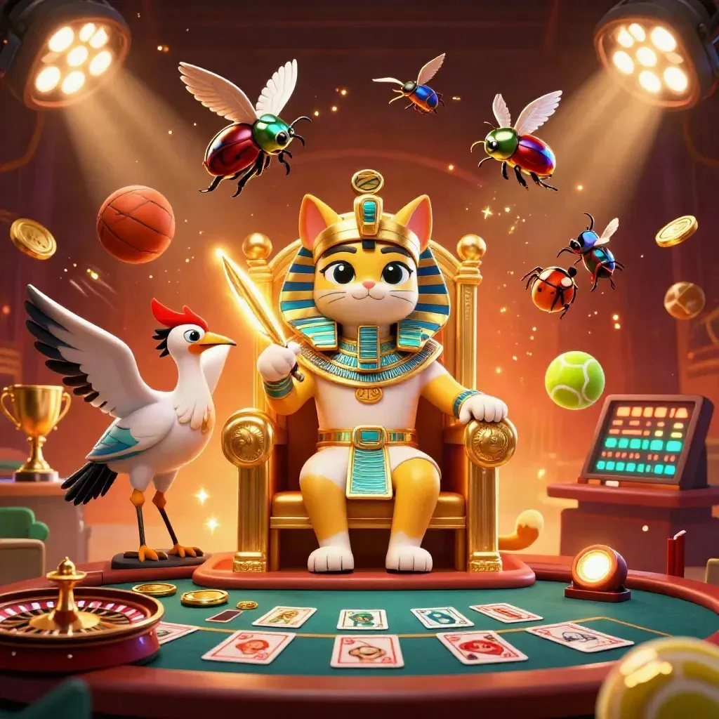 Pharaoh cat, ibis scribe, and jeweled scarabs amid casino lights and flying sports balls.