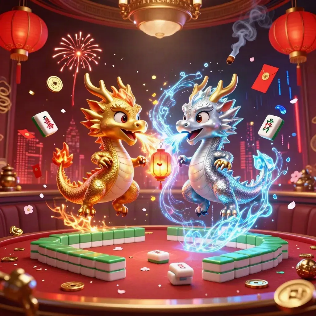 Gold and silver dragons clash amid lanterns, coins, petals, and luxe casino lighting.
