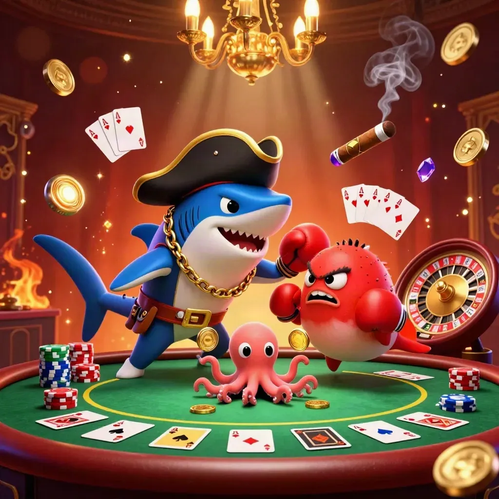 Shark captain, boxing pufferfish and coin-juggling octopus amid glowing casino luxury.
