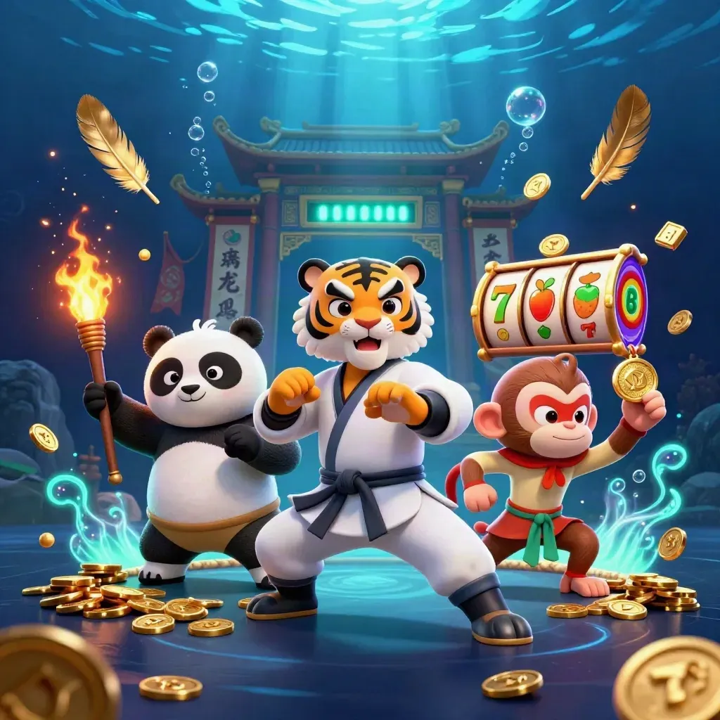 Kung-fu tiger, panda, and monkey in underwater casino action amid coins, reels, and temple glow