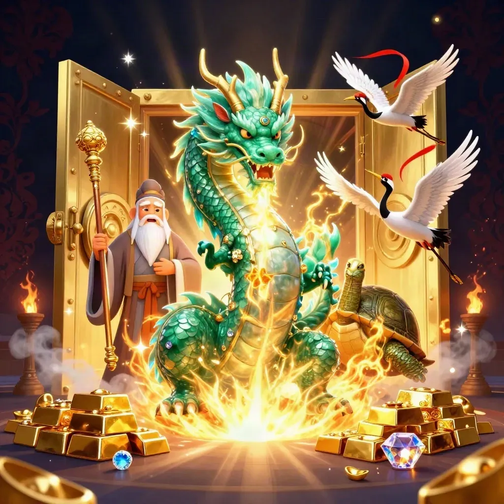 Emerald dragon, turtle sage and cranes burst from a golden vault amid gems and fire.