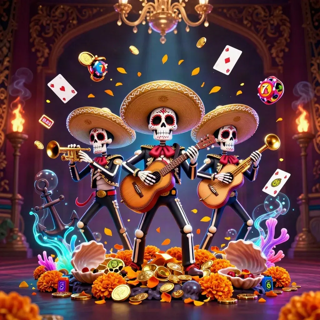 Skeleton mariachi trio blasting treasure and neon-blue casino loot in a dark burgundy cove.