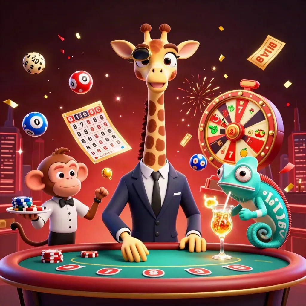 High-roller giraffe, monkey valet, and chameleon bartender amid casino bursts and neon lights.