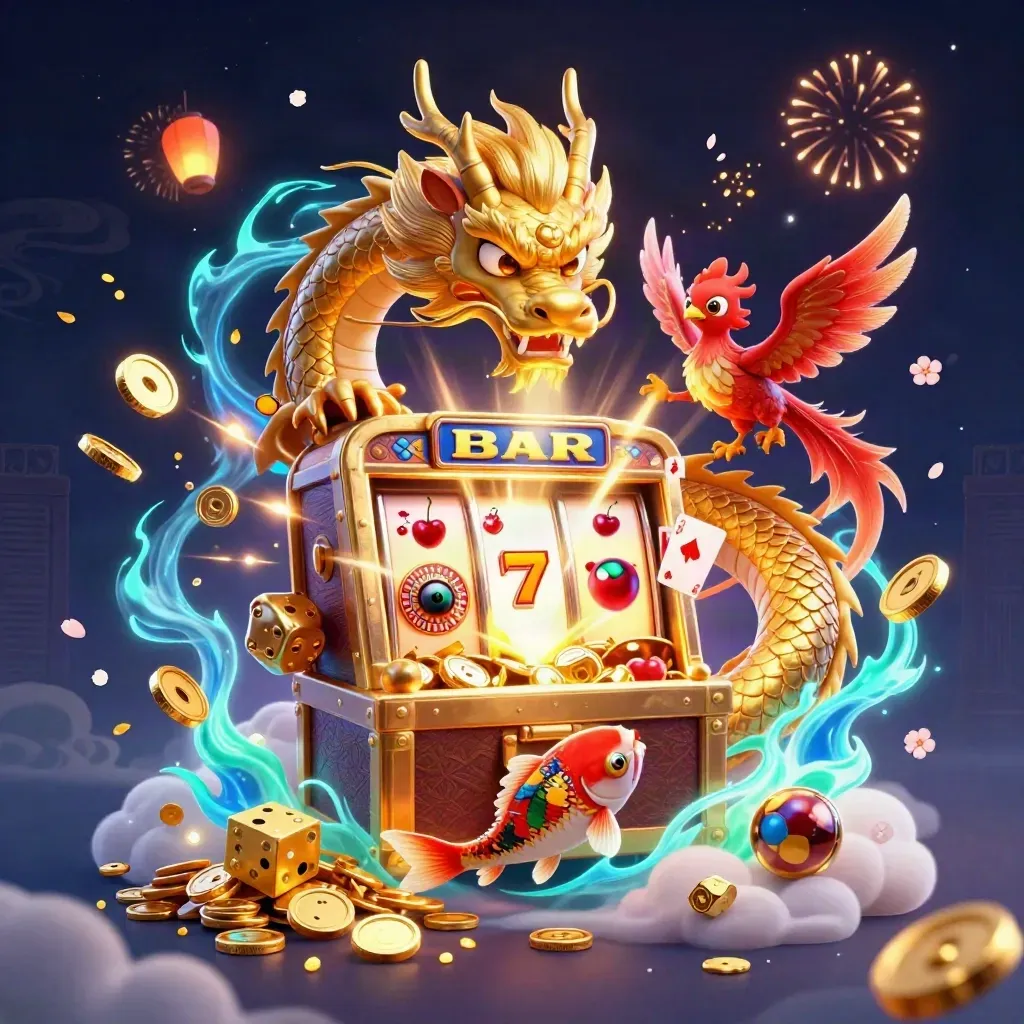 Dragon, phoenix, koi, slot burst, coins, fireworks, and treasure in a neon casino scene.