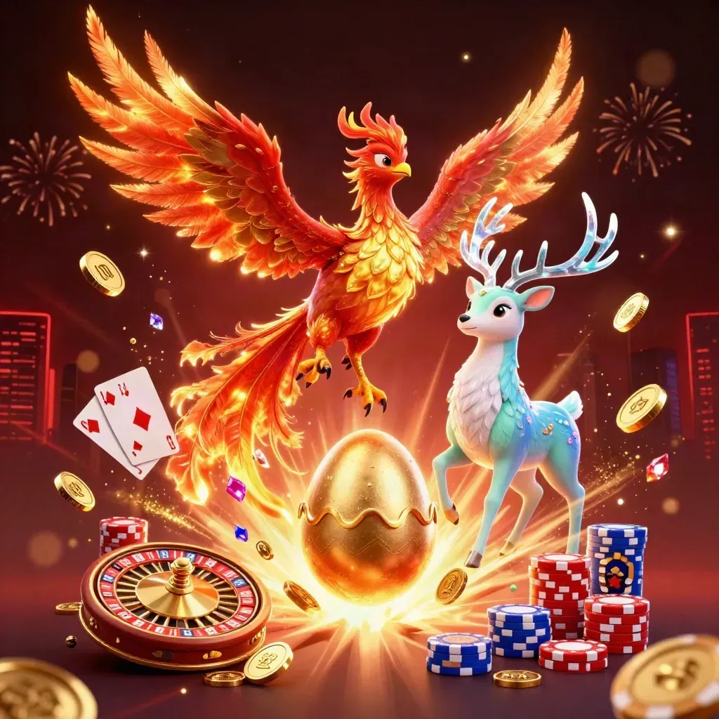 Phoenix, stag and hatchling amid coins, cards, chips, sparks and fireworks on a dark casino skyline.