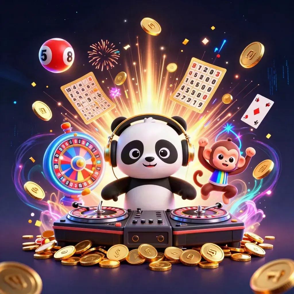 DJ panda, dancing monkey, and rave kitten amid casino treasure, coins, fireworks, and neon effects.