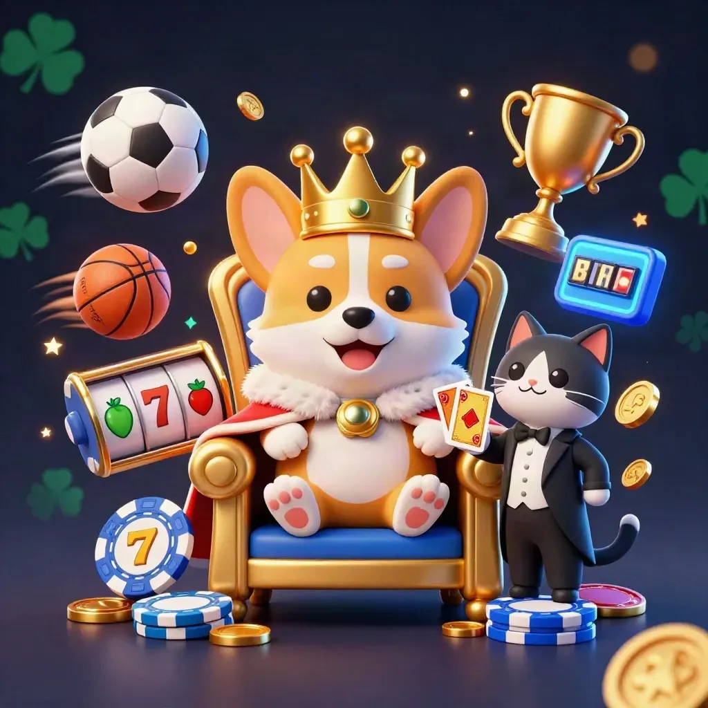 Royal corgi and cat butler on chip throne amid casino symbols and glowing balls