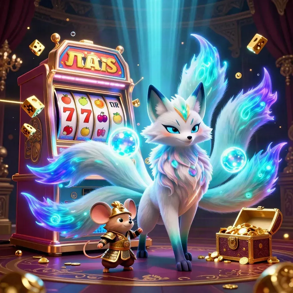 Nine-tailed neon fox spirit, armored mouse, exploding slot machine, gold coins, dark casino glow