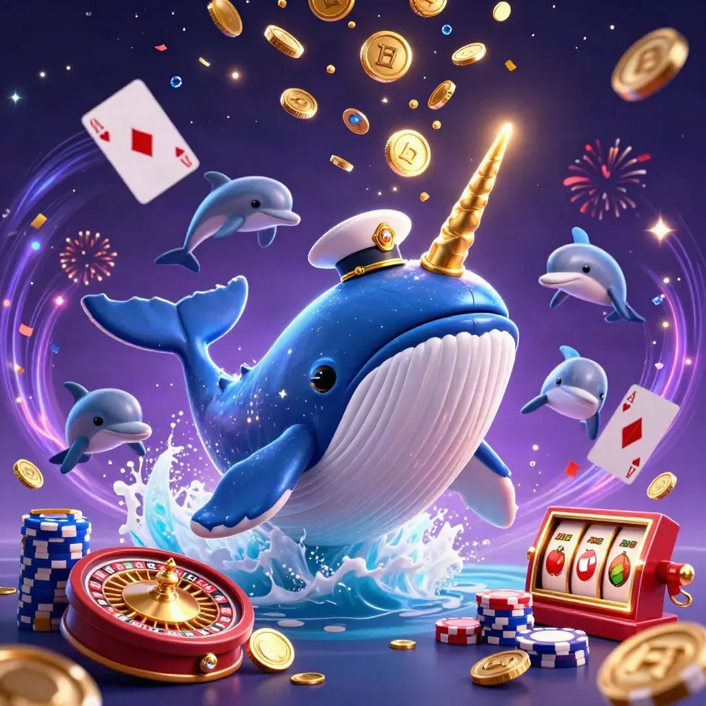 Blue cartoon whale captain with narwhal, dolphins, coins, chips, cards, roulette, and magical casino effects.