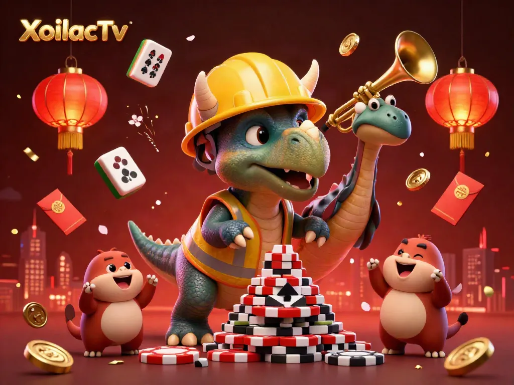 XoilacTv sports betting celebration with cartoon dinosaurs building poker chip pyramid.