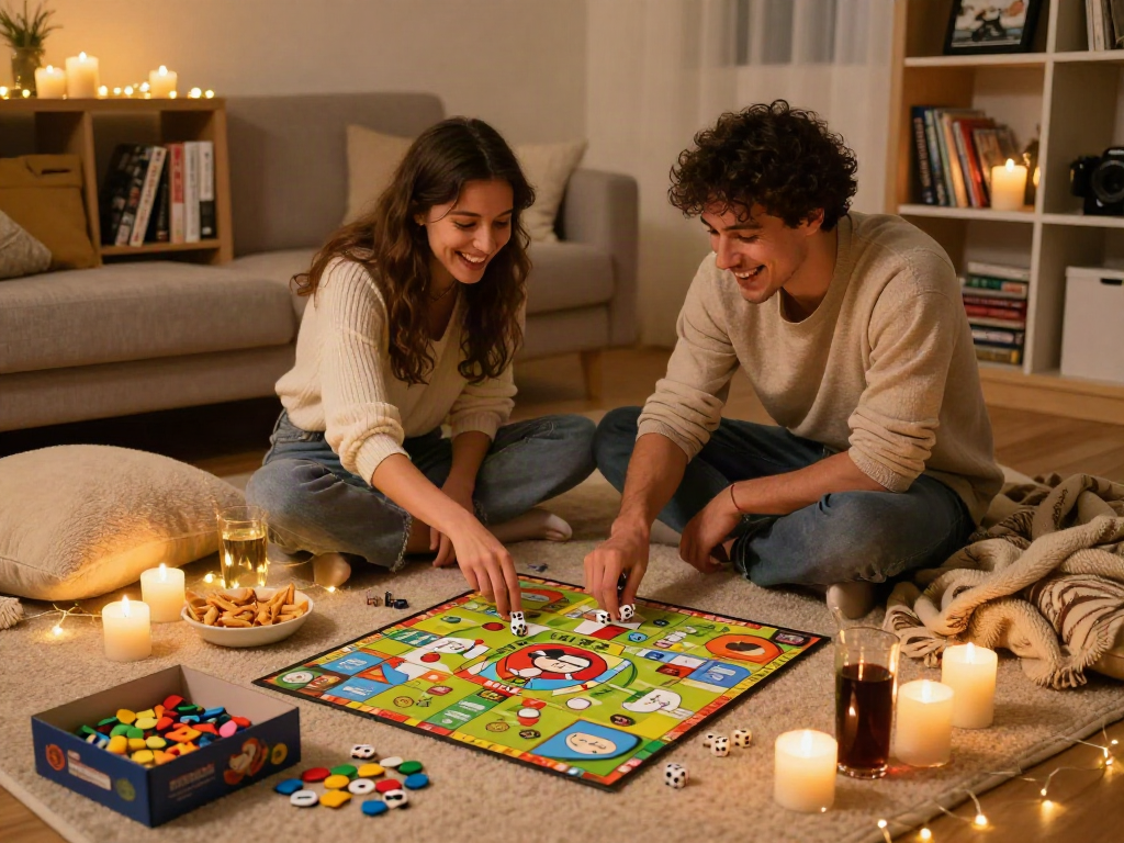 Couple playfully engaged in a sex game night at home, surrounded by romantic candles and cozy decor.