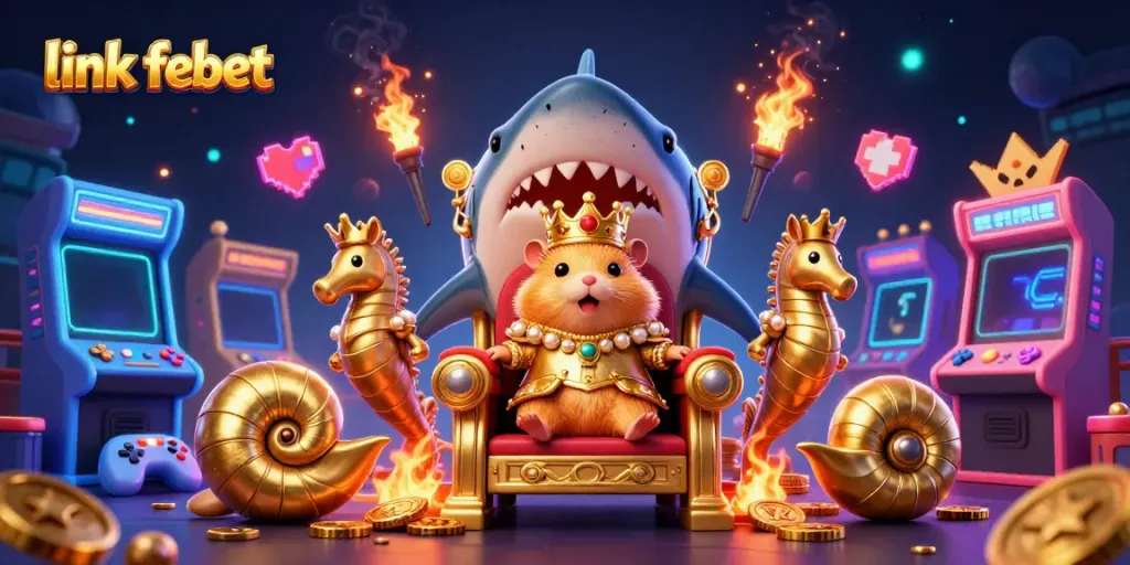Place bets at link febet while enjoying a vibrant 3D casino scene featuring a golden hamster king.