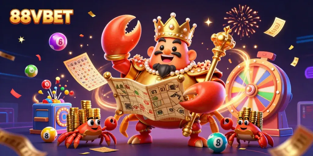 Engage in the thrilling world of 88VBET with vibrant characters, lottery elements, and casino action.