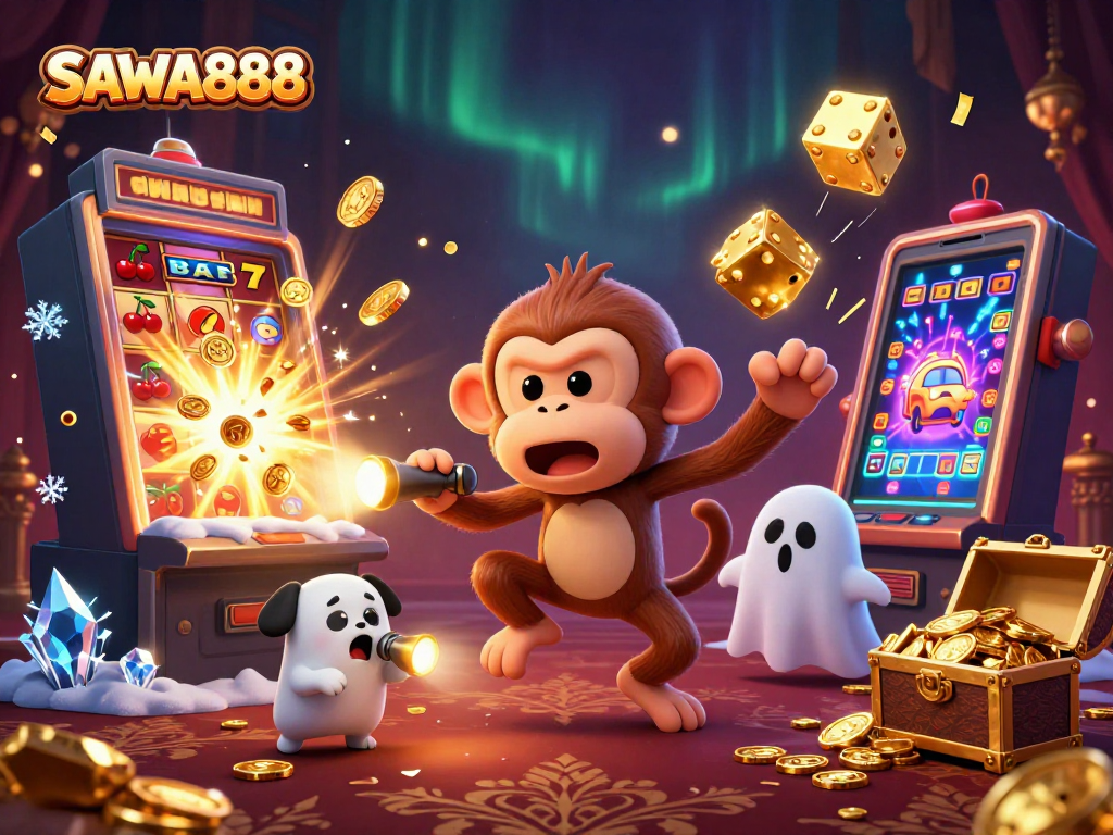 Experience thrilling gameplay at SAWA888 with chaotic action in a haunted casino chase scene.