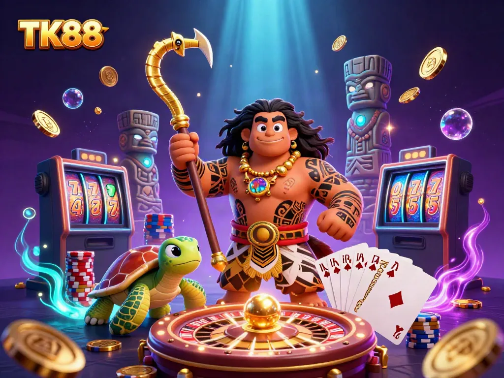 Experience thrilling wins at TK88 casino, featuring a vibrant 3D scene filled with dynamic gaming elements.