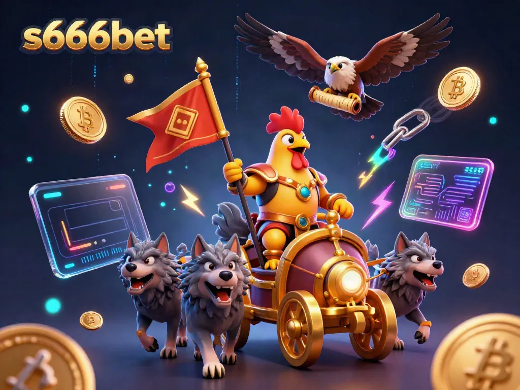 Engage with thrilling action at s666bet through a vibrant 3D casino illustration featuring a rooster warlord on a golden chariot.
