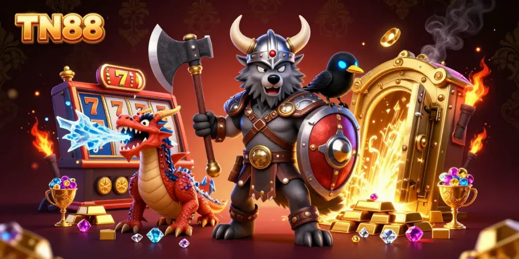 Engage with TN88's stunning 3D casino scene featuring Viking warrior and treasures.