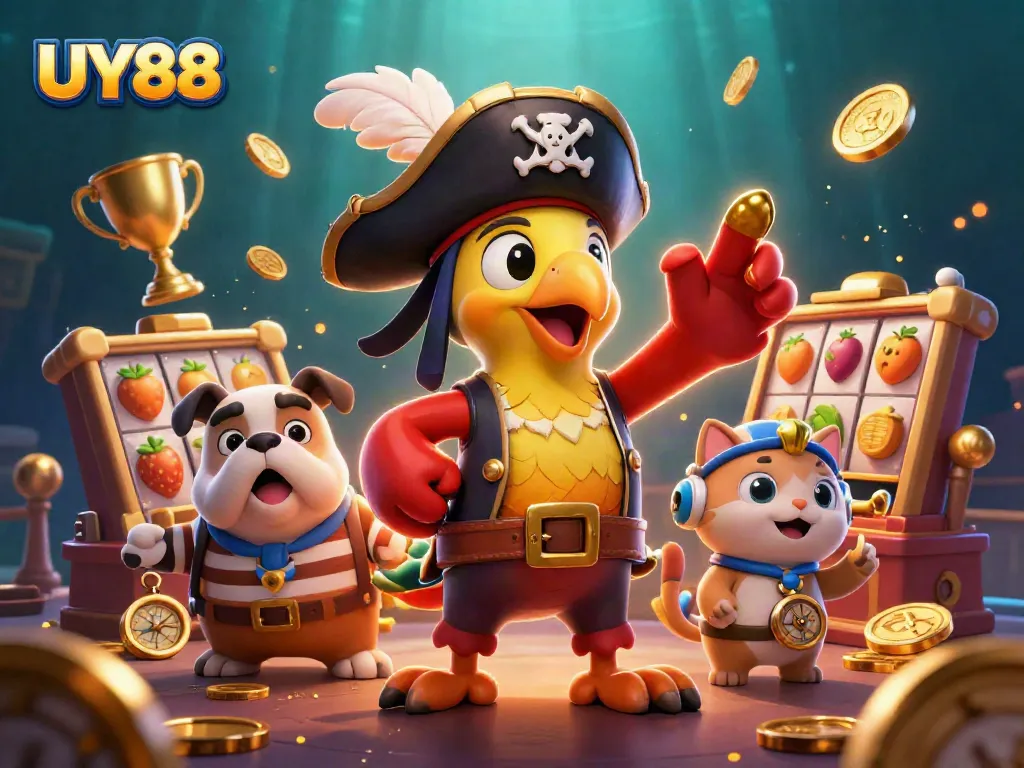 Bet on excitement with UY88's vibrant 3D casino scene featuring playful characters and dynamic gaming elements.