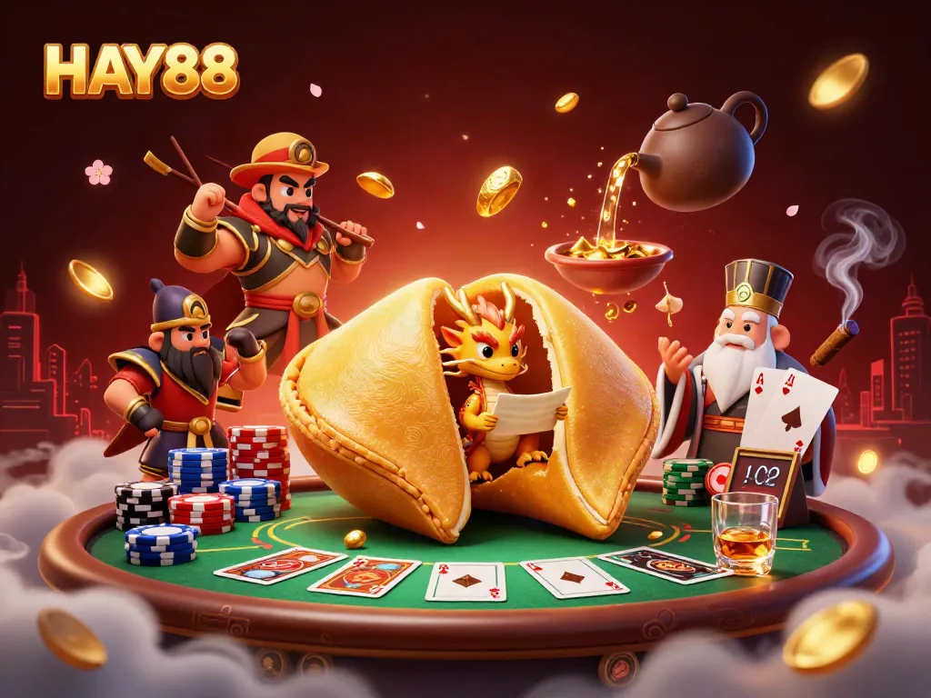 Engage with HAY88's vibrant casino scene featuring a golden cookie, dragon, and chip stacks.