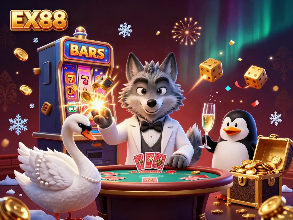 Exciting casino scene featuring characters interacting with glamorous gambling elements, showcasing EX88 brand