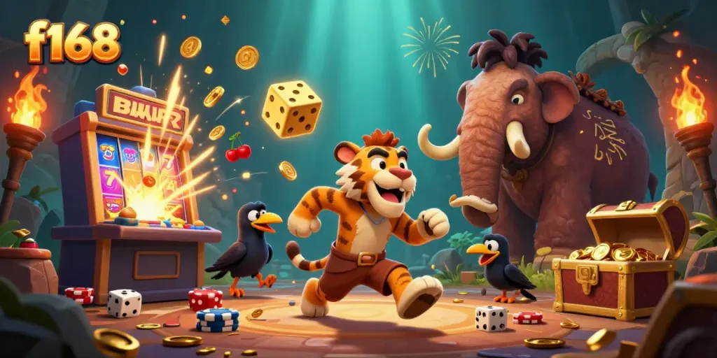 Experience thrilling gaming at f168 with a vivid prehistoric casino scene, featuring characters and game elements.