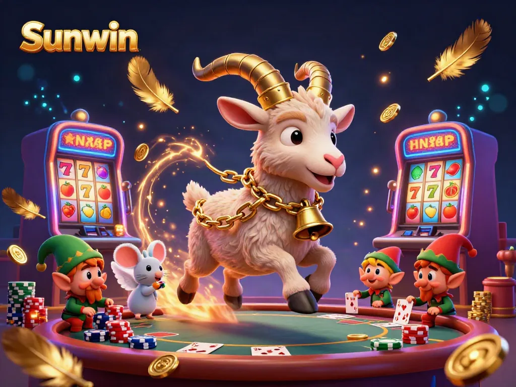 Win big with Sunwin in a festive casino scene filled with vibrant characters and gaming elements.