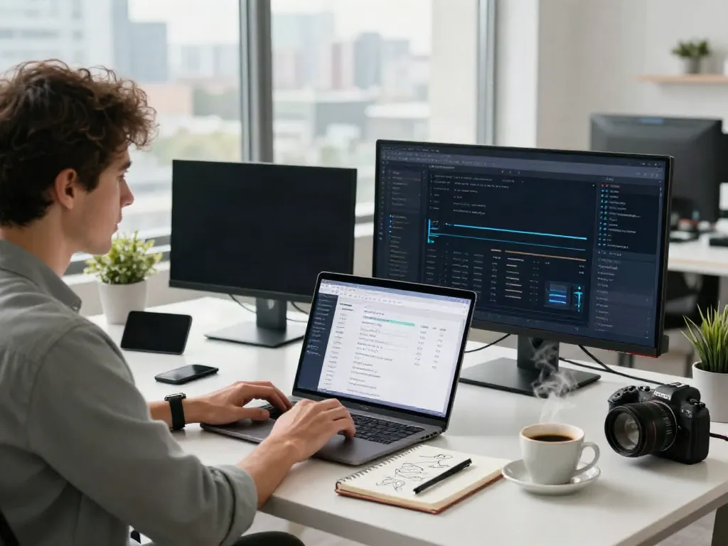 Content creator utilizing software for instant indexing in a modern office.