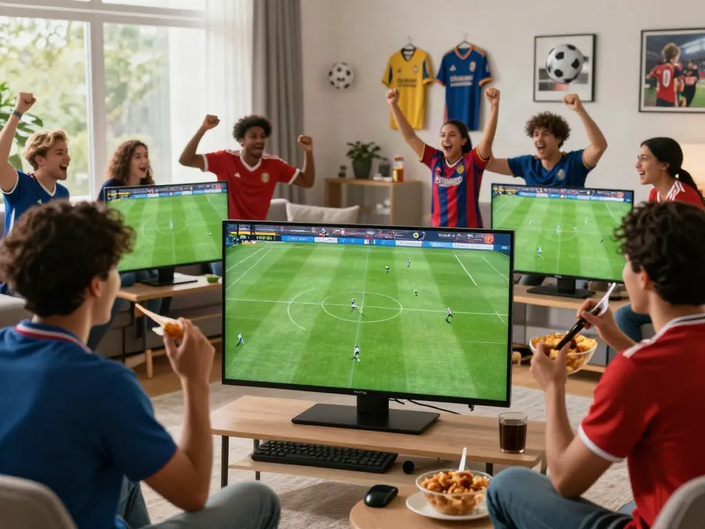 Xoilactv football fans enjoying a live match in a vibrant living room atmosphere.