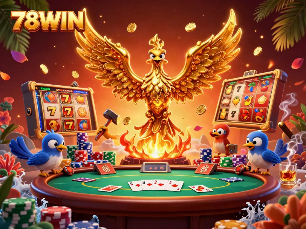 Engage with slots and poker action at 78WIN's vibrant casino illustration featuring molten gold phoenix.