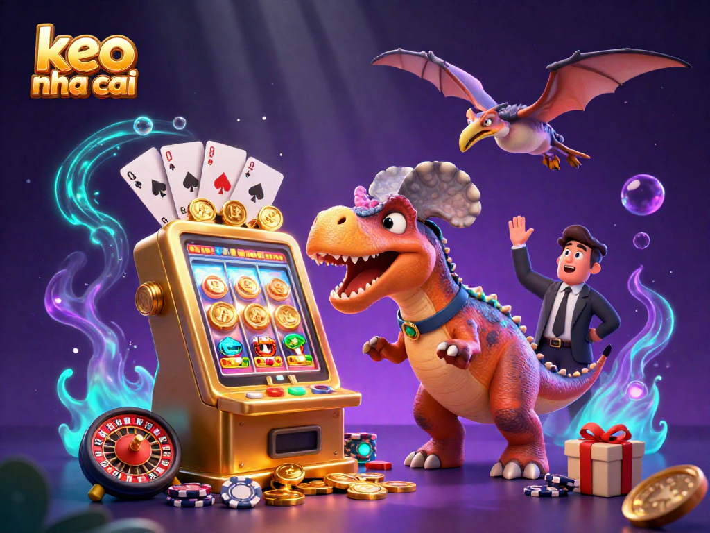 Engage with keo nha cai as a pachycephalosaurus triggers a jackpot amidst flying coins and a colorful casino scene.