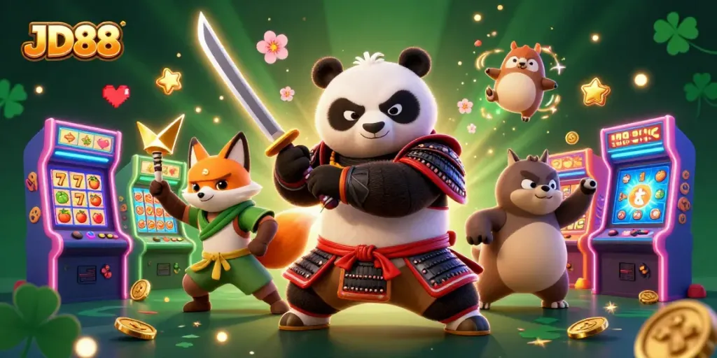 Experience JD88's thrilling slots with a fierce samurai panda and dynamic gameplay elements.