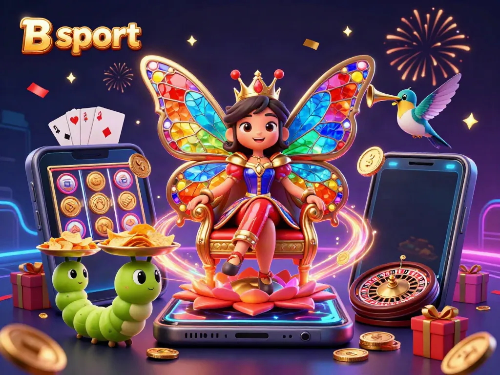 B sport captures the excitement of casino gaming with a vivid illustration of a butterfly queen amid playful game elements.