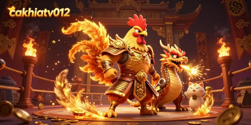 Cakhiatv012 showcases a thrilling fighting arena with a courageous rooster warrior and dragon hatchling amidst golden sparks and dynamic betting elements.
