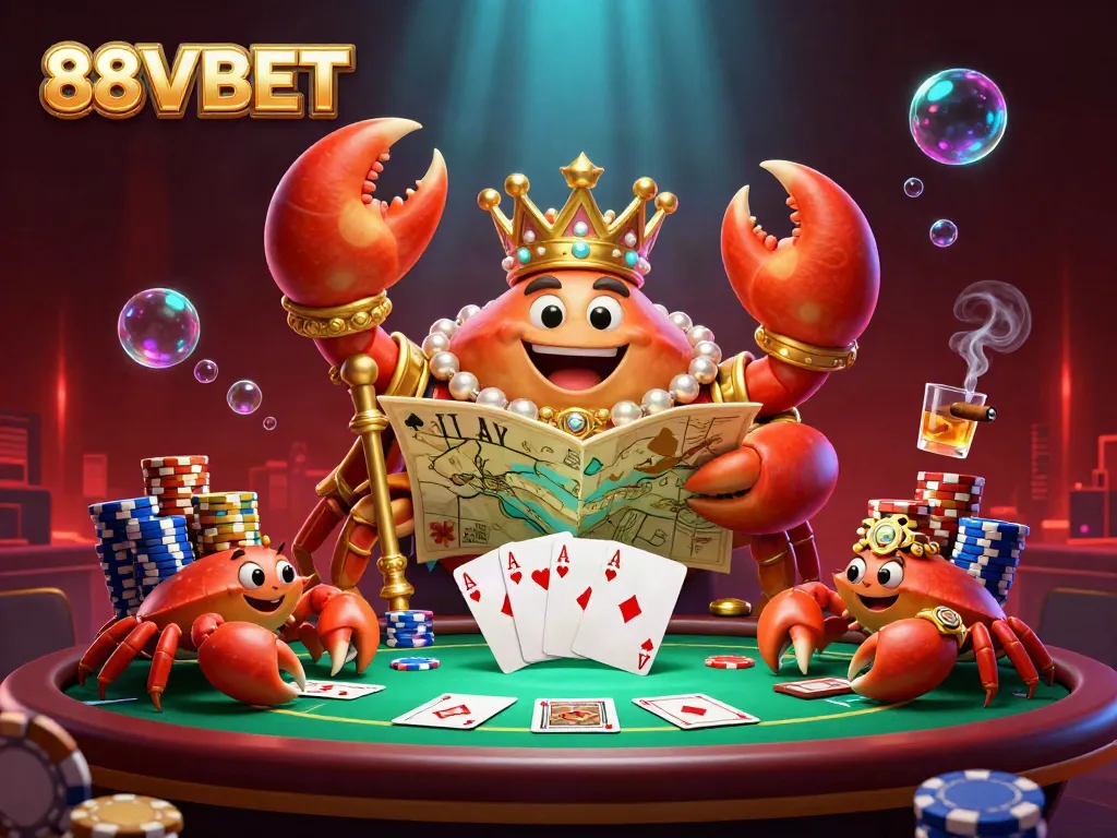 Engage with the vibrant scene of 88VBET featuring a golden crab emperor amidst poker elements, capturing the thrill of gaming.