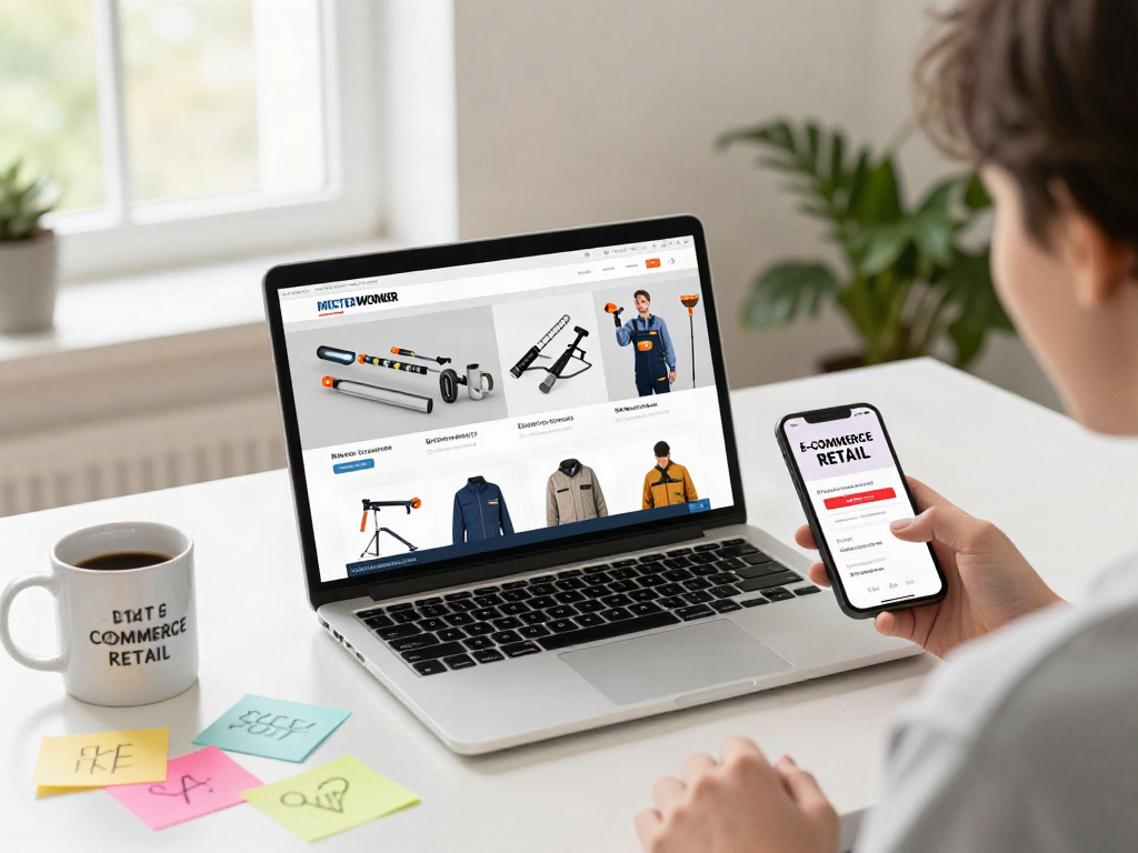Person excitedly using a mister worker discount code while shopping online for tools in a bright home office.
